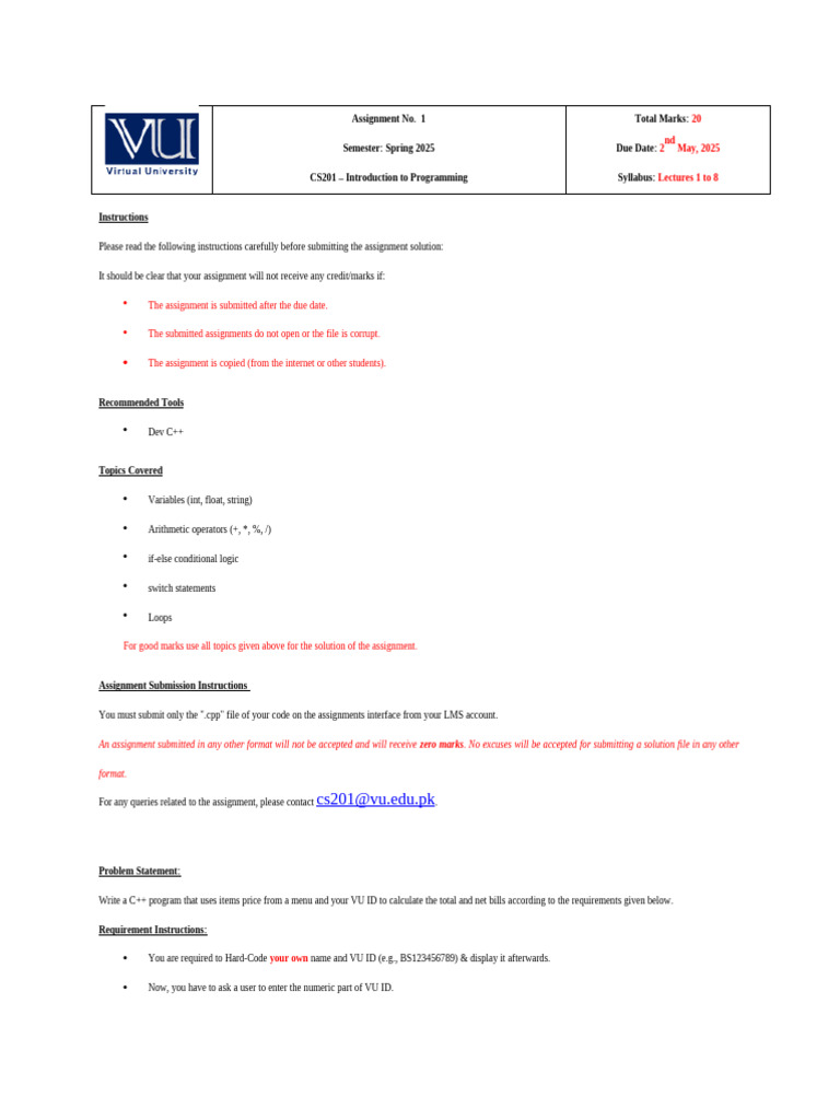 CS201 Spring 2025 C++ Assignment Guide | PDF | C++ | Computer Program