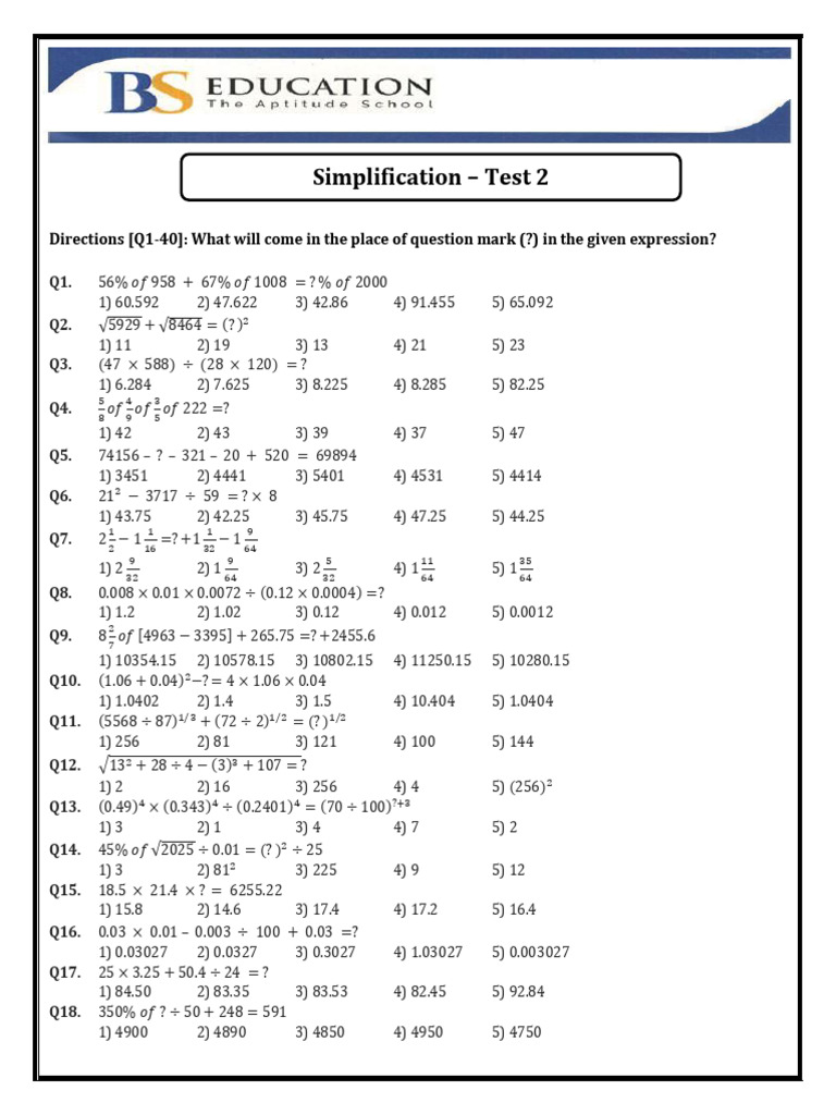 Simplification - Test (2) (40 Q) | PDF