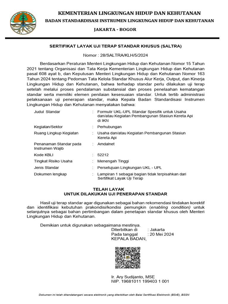 Sertifikat Uji Terap UKL-UPL Stasiun | PDF