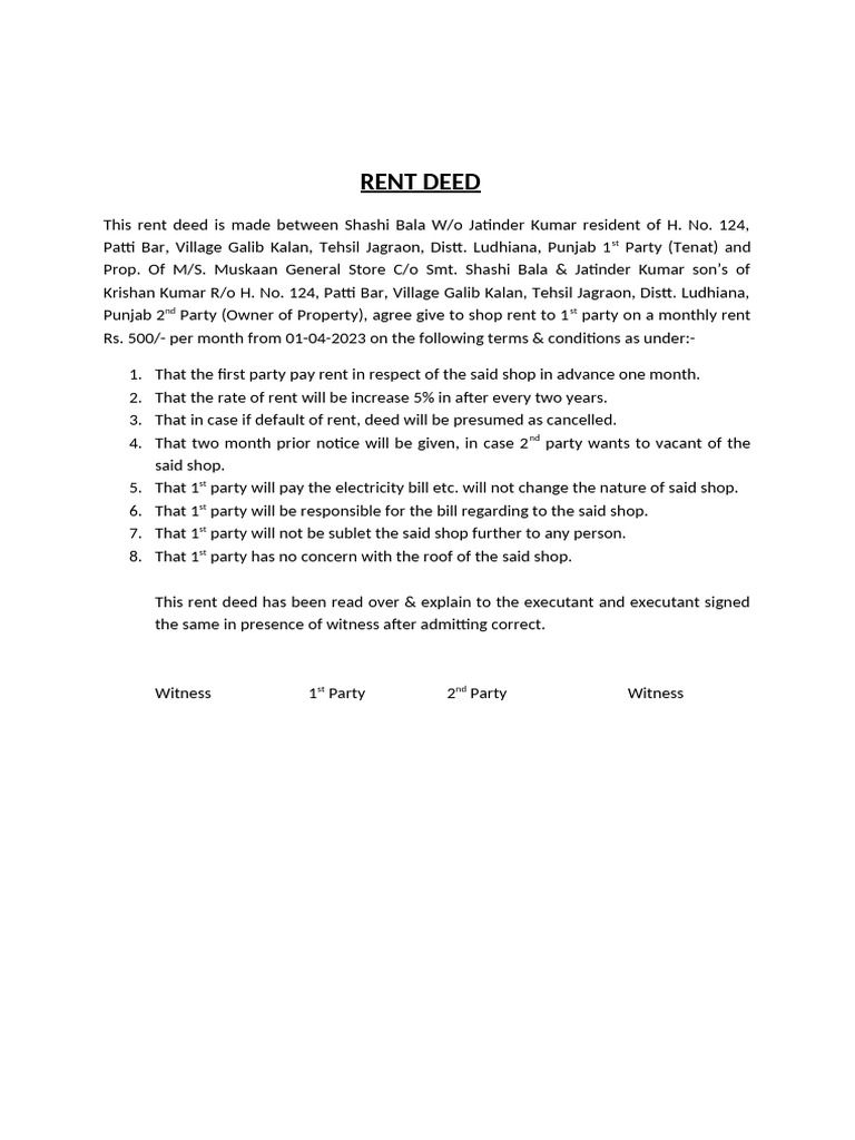 Rent Deed Agreement for Shop Rental | PDF