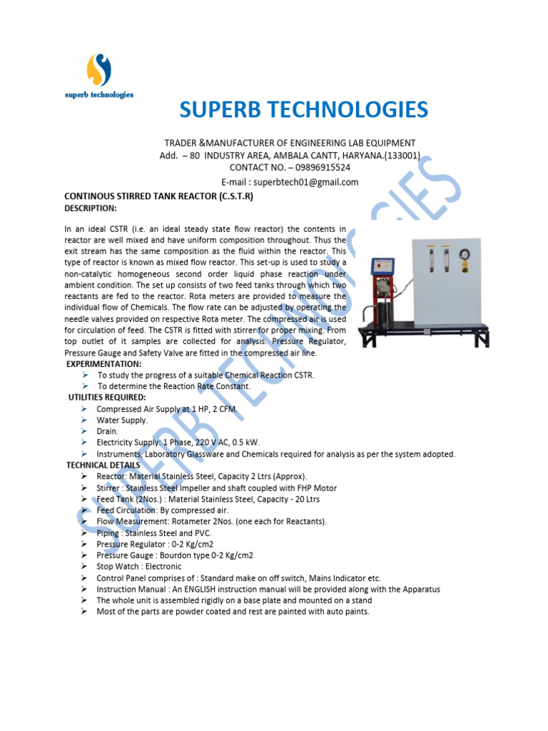 Continous Stirred Tank Reactor (C.S.T.R) | PDF | Chemical Reactor | Valve