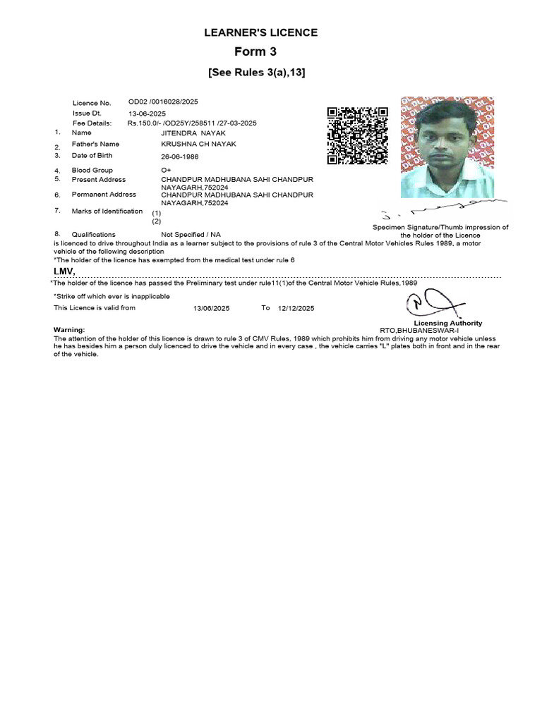 Learner's Licence Form Details | PDF