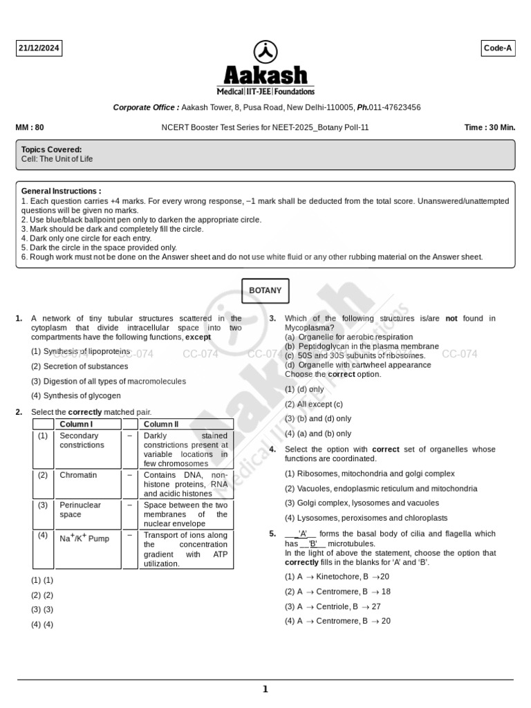 NEET 2025 Botany Test Series Overview | PDF | Cell (Biology ...