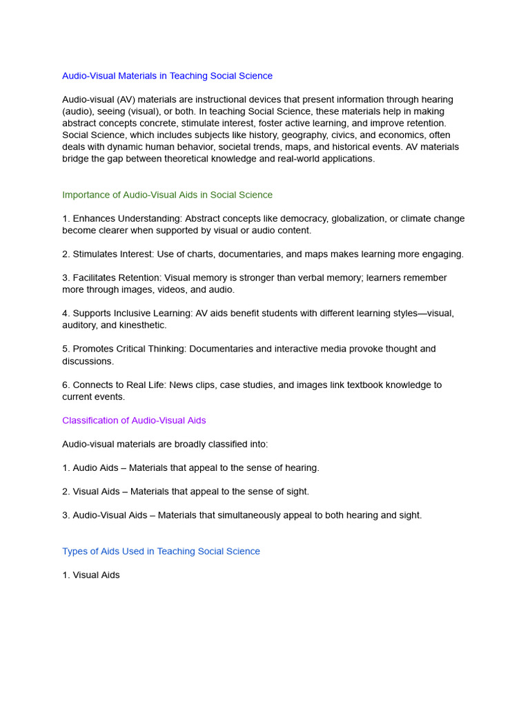 Audio-Visual Materials in Teaching Social Science | PDF | Learning ...
