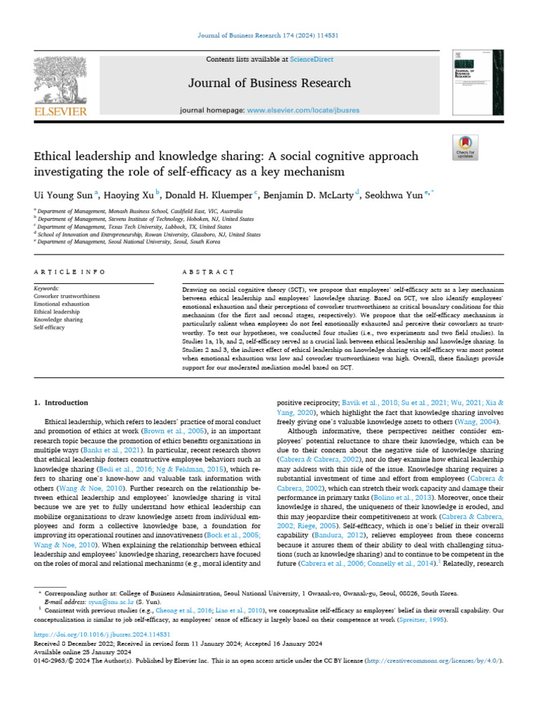Ethical Leadership and Knowledge Sharing | PDF | Self Efficacy | Leadership