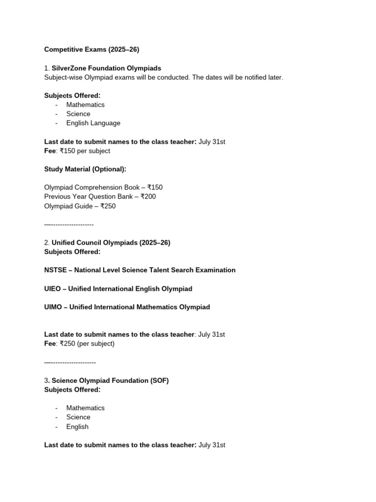 2025-26 Olympiad Exam Details | PDF