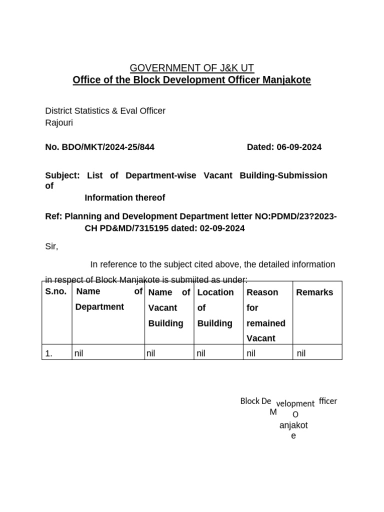 Vacant Building Information Block Manjakote | PDF