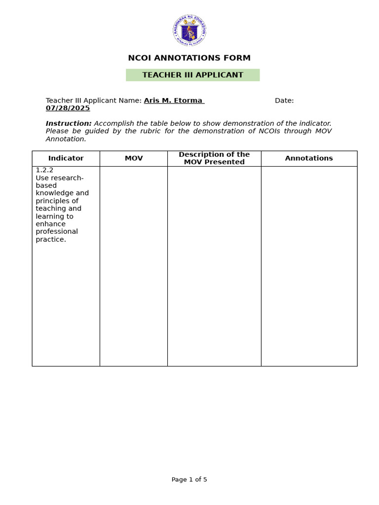 Ncoi Annotations Form For Teacher Iii Applicant Pdf Learning