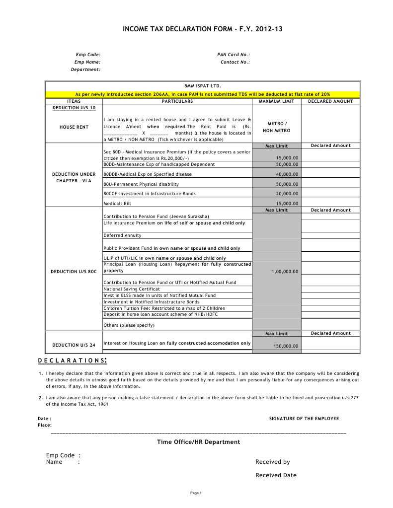 Income Tax Declaration | PDF