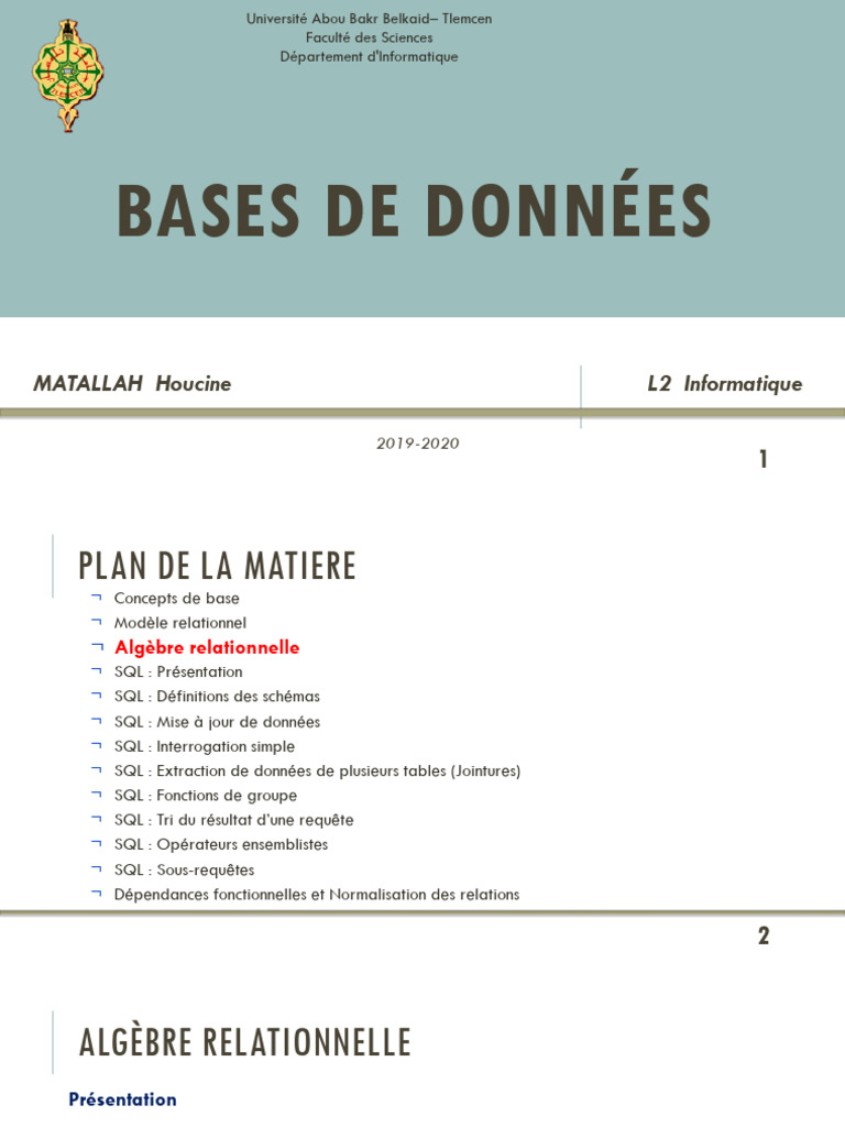 Introduction à l'Algèbre Relationnelle SQL | PDF | Base de données ...