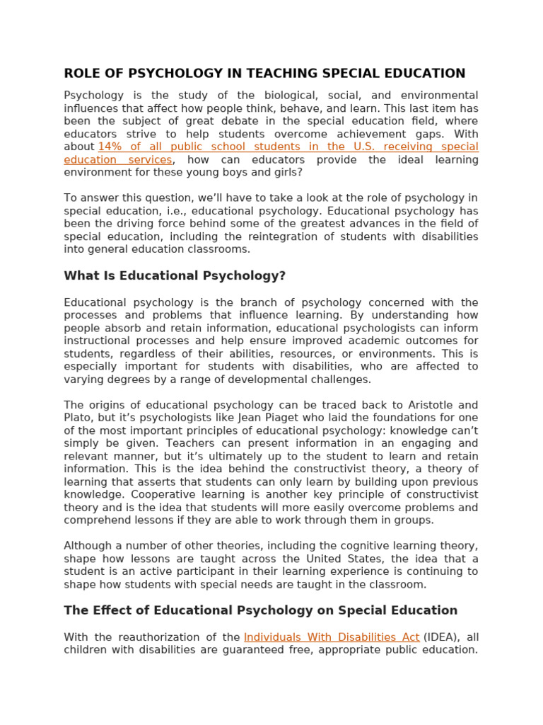 Psychology's Role in Special Education | PDF | Educational Psychology ...