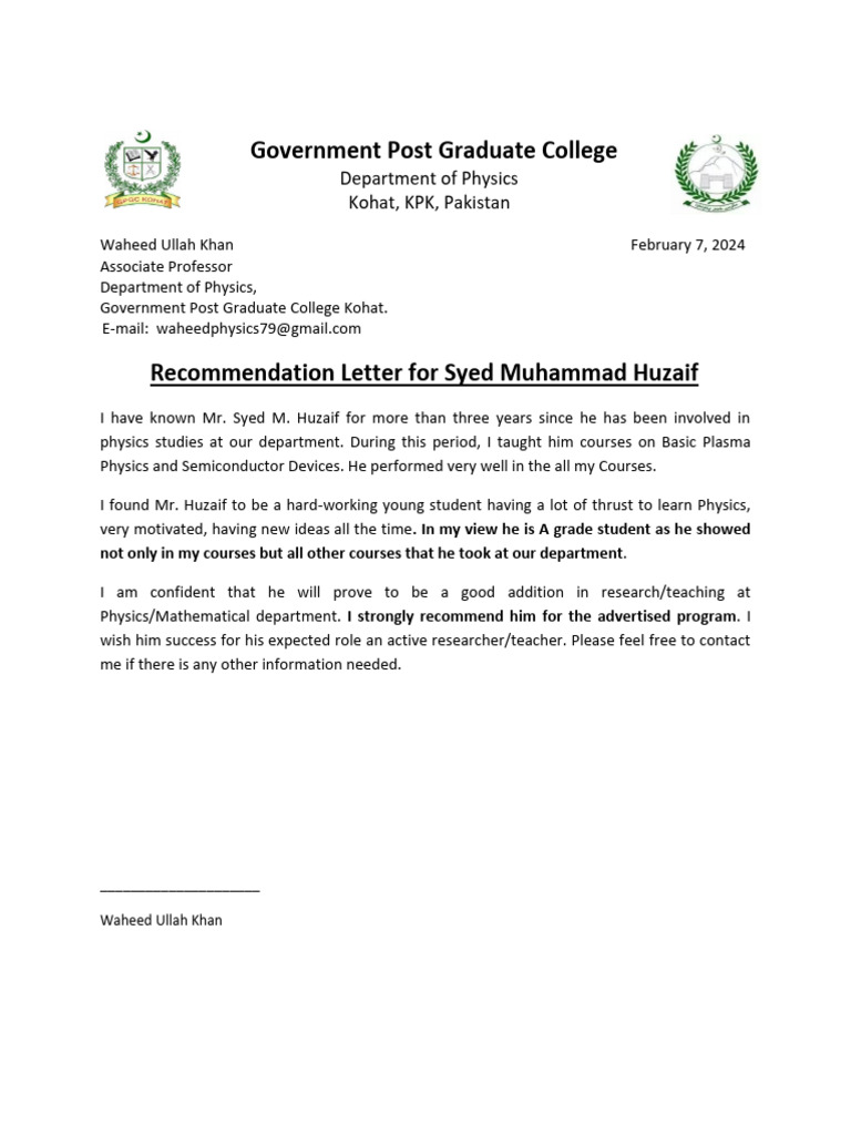 Recommendation for Syed Muhammad Huzaif | PDF