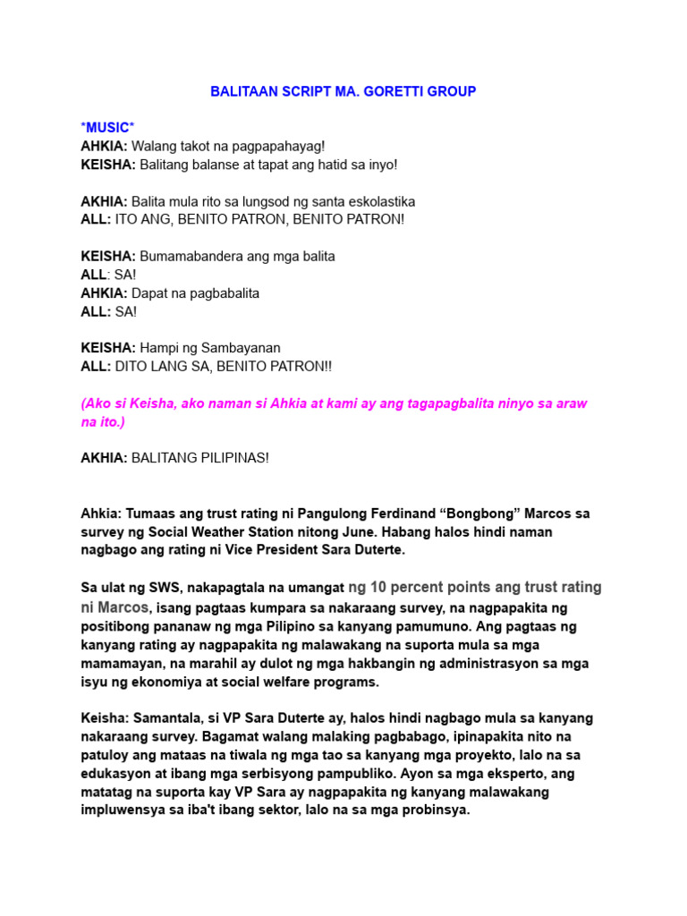 Balitaan Script Goretti | PDF