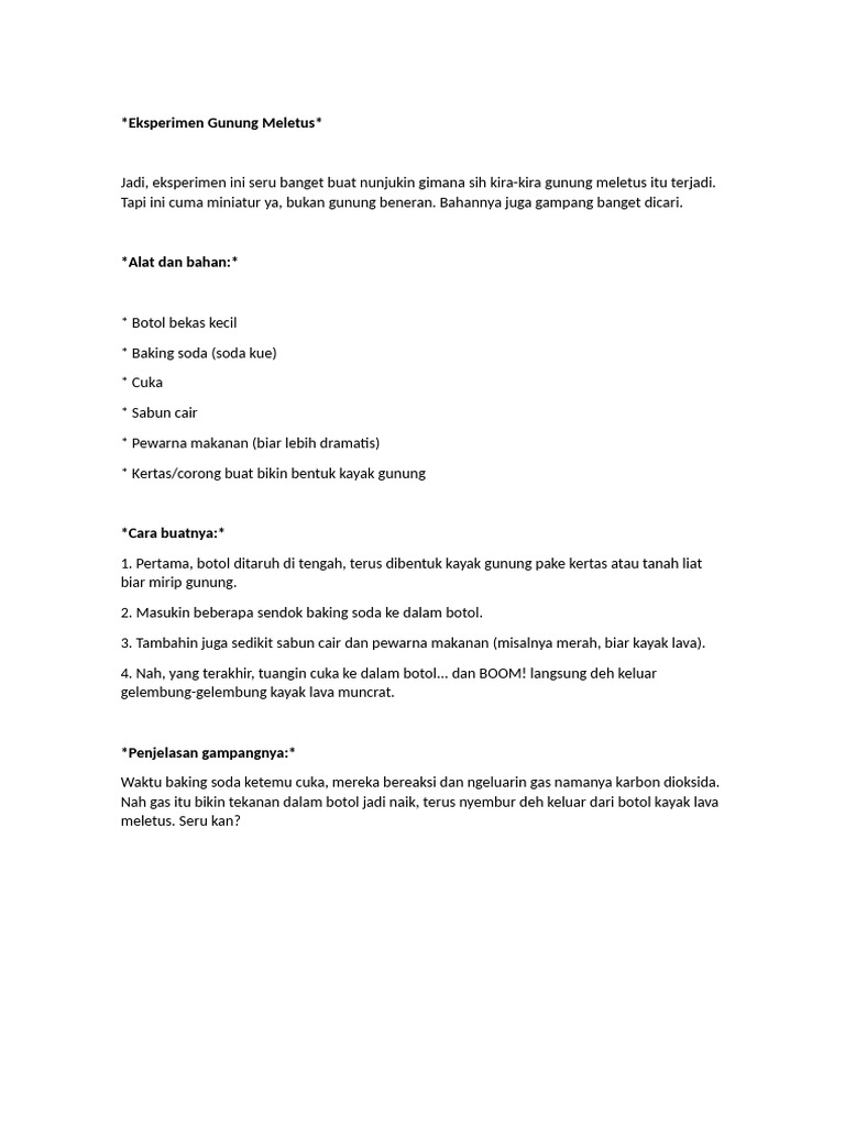 Eksperimen Mini Gunung Meletus Anak TK | PDF
