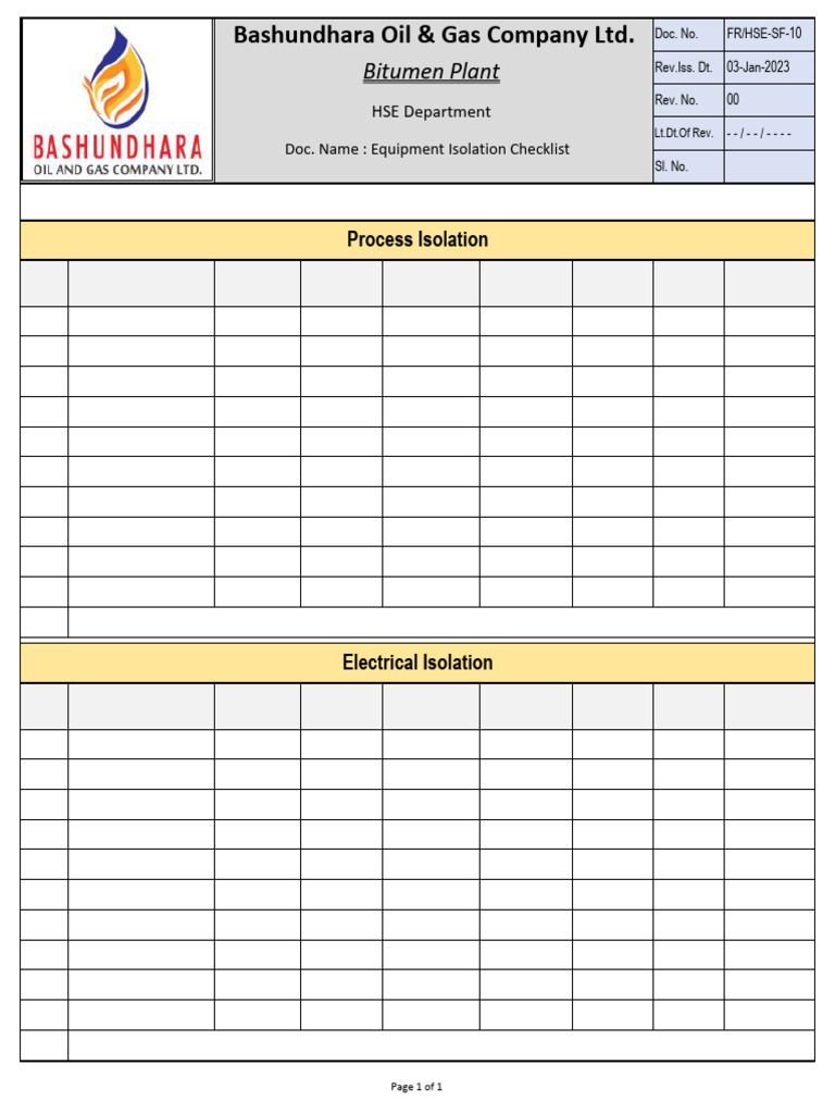 Equipment Isolation Checklist | PDF
