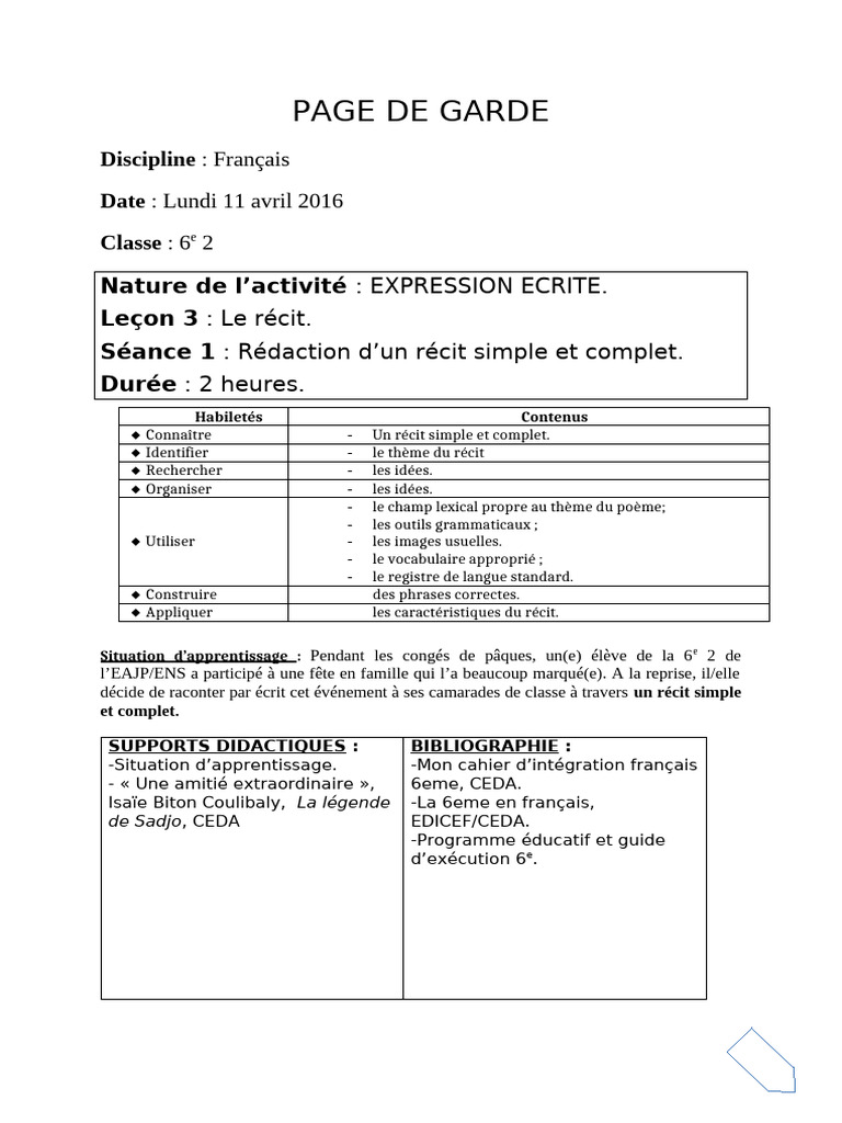 Rédaction d'un récit simple en 6e | PDF