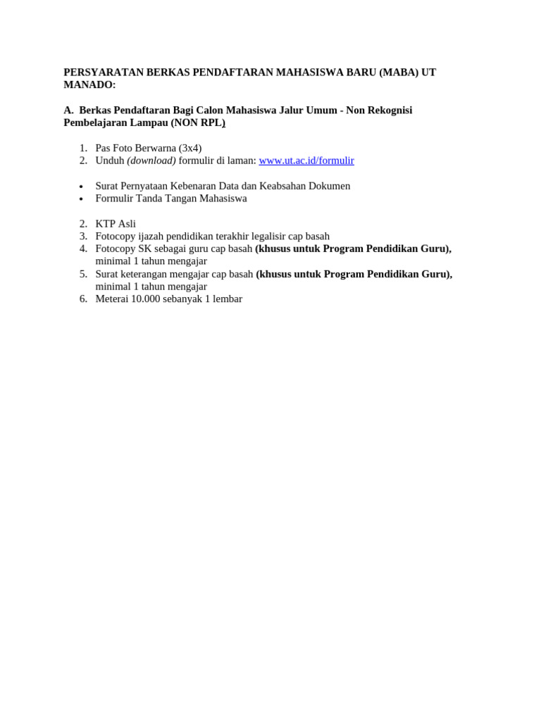 Persyaratan Pendaftaran Maba UT Manado | PDF