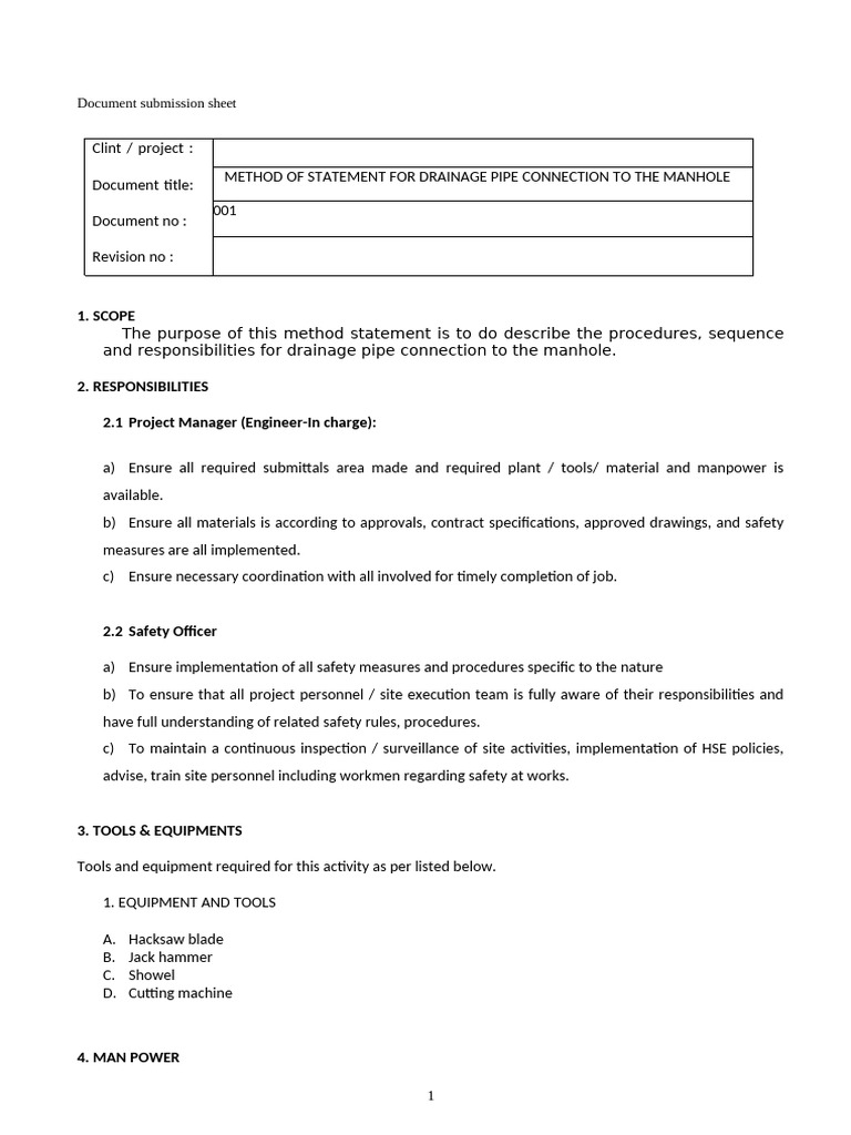 Method Statement For Drainage Pipe Connecting To The Manhole | PDF ...
