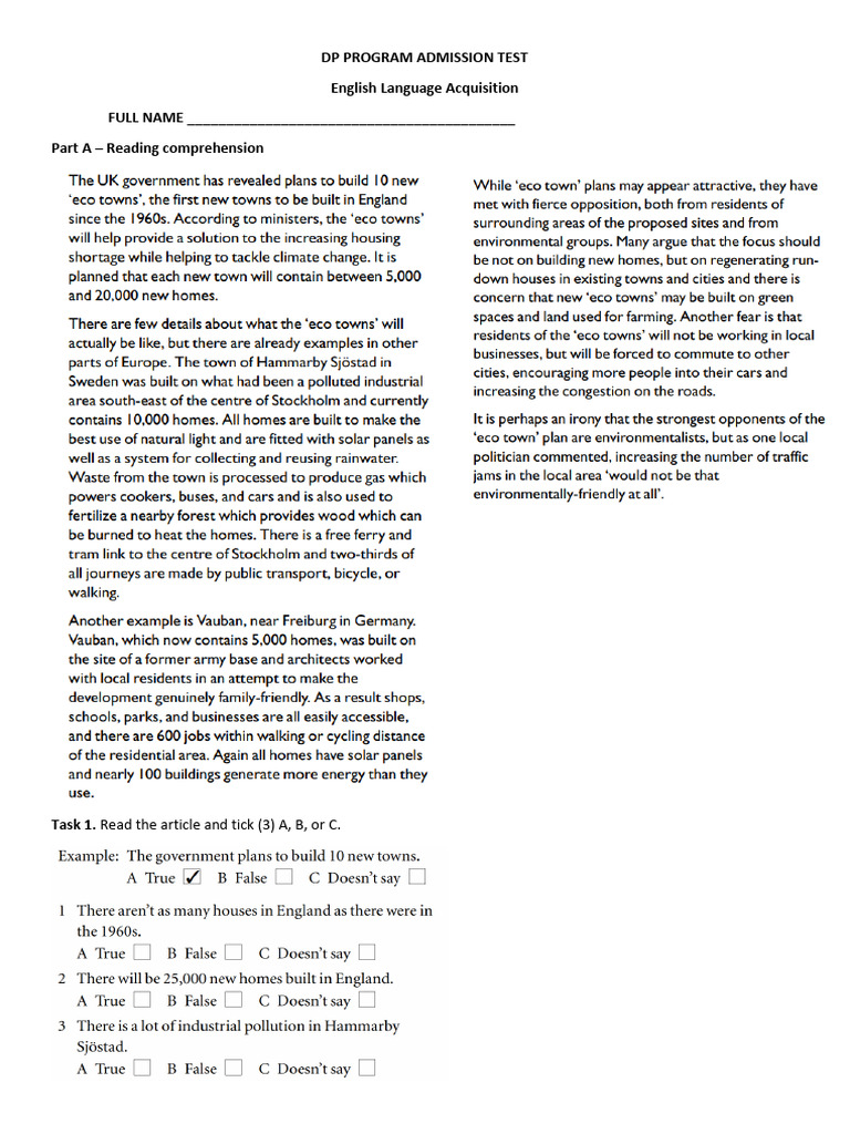 DP Admission Test English B | PDF | Learning | Human Communication