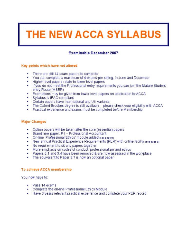 New ACCA Syllabus Accounting Business