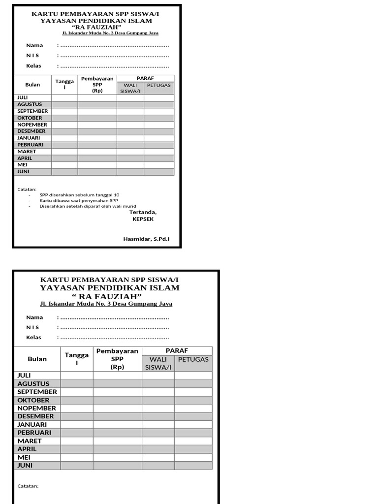 Kartu Pembayaran SPP Sekolah | PDF