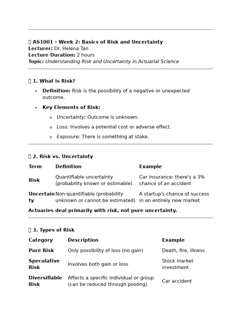 Basics of Risk and Uncertainty in Actuarial Science | PDF | Risk ...
