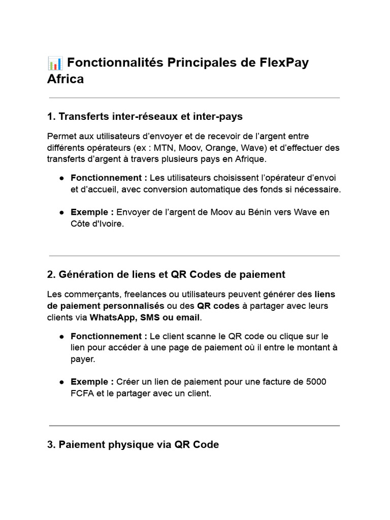 Fonctionnalités Clés de FlexPay Afrique | PDF | Code QR | Facture