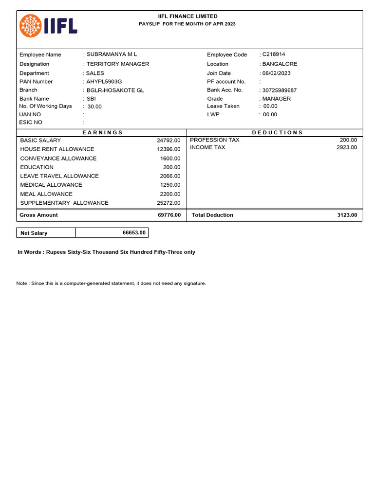 IIFL Finance Payslip April 2023 | PDF | Indemnity | Intellectual Property