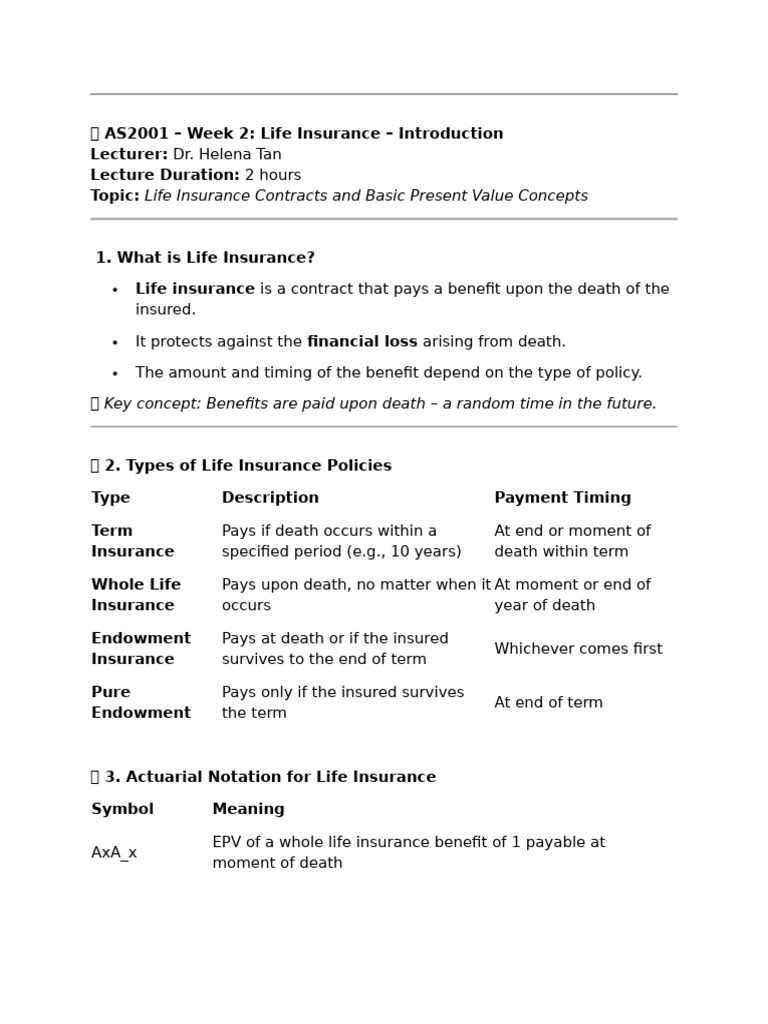 AS2001 Actuarial Mathematics - Week Two | PDF | Life Insurance | Insurance