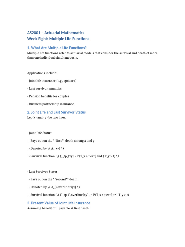 AS2001 Actuarial Mathematics - Week Eight | PDF