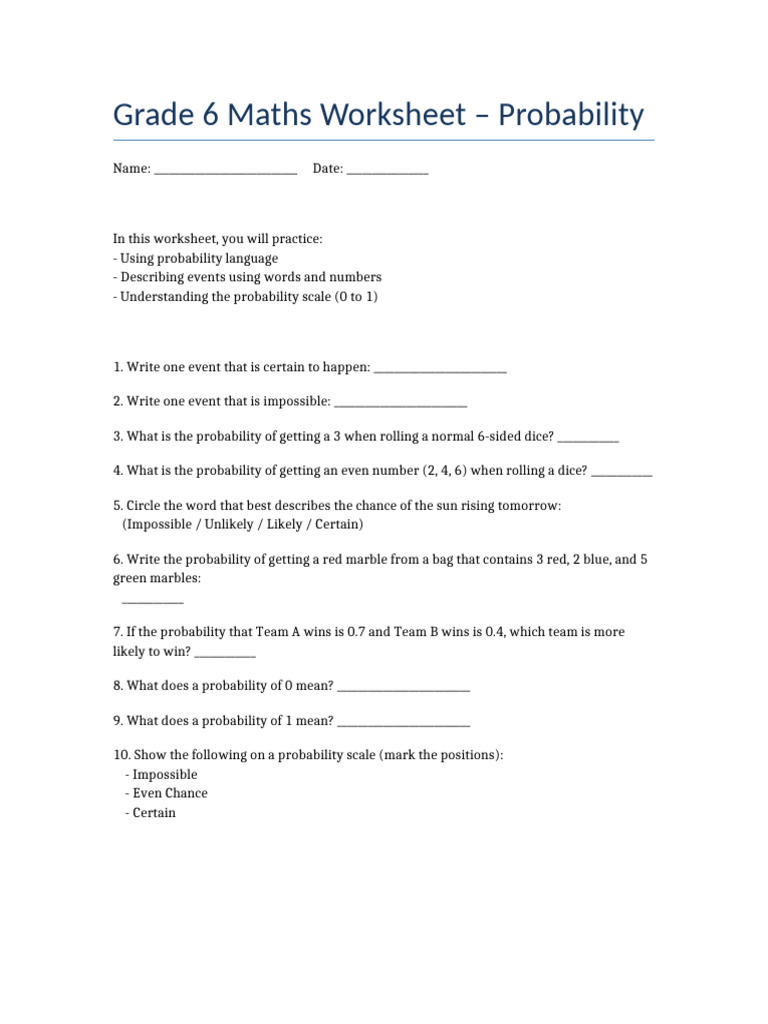 Grade 6 Probability Only Worksheet | PDF