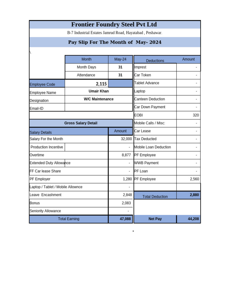 Frontier Foundry Steel PVT LTD: Pay Slip For The Month of May-2024 | PDF
