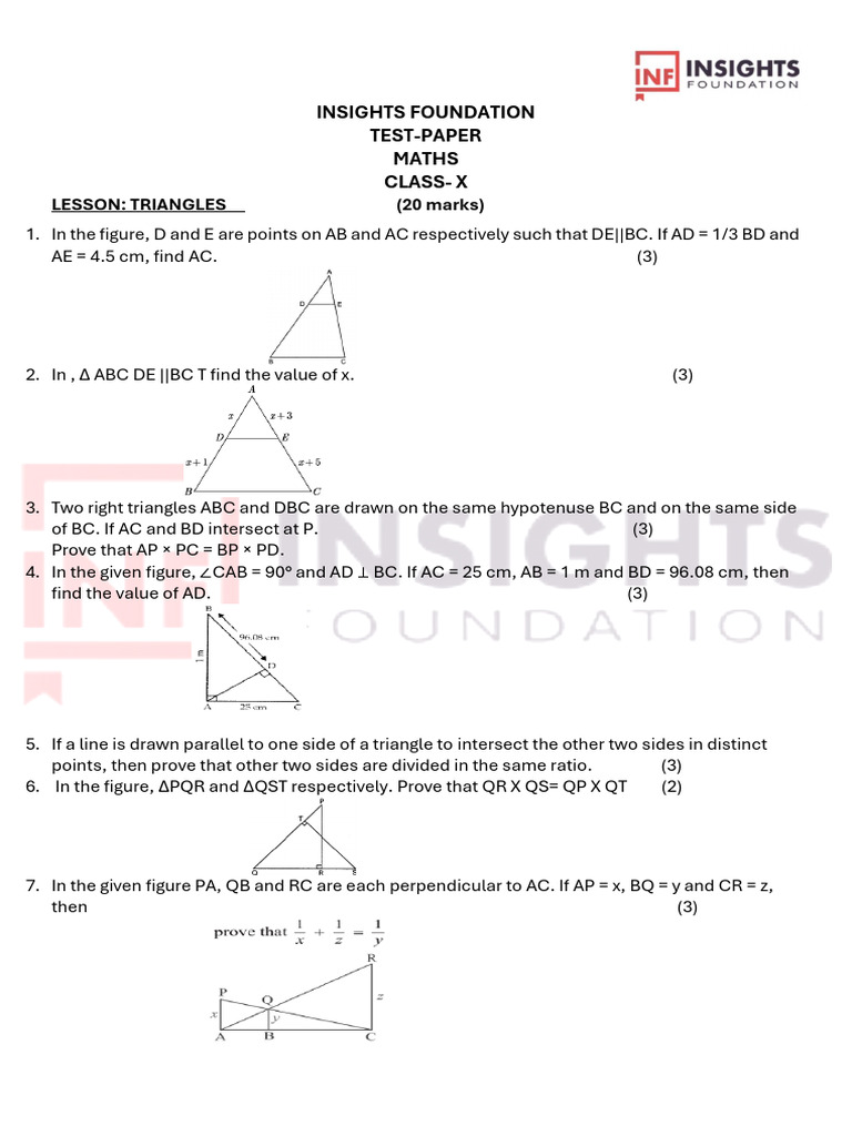 Class 10 Triangles Test Paper | PDF