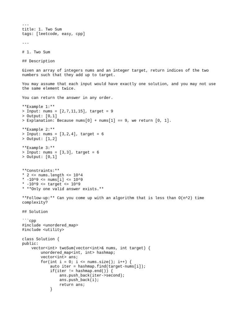 Two Sum Problem Solution in C++ | PDF | Computer Data | Software ...