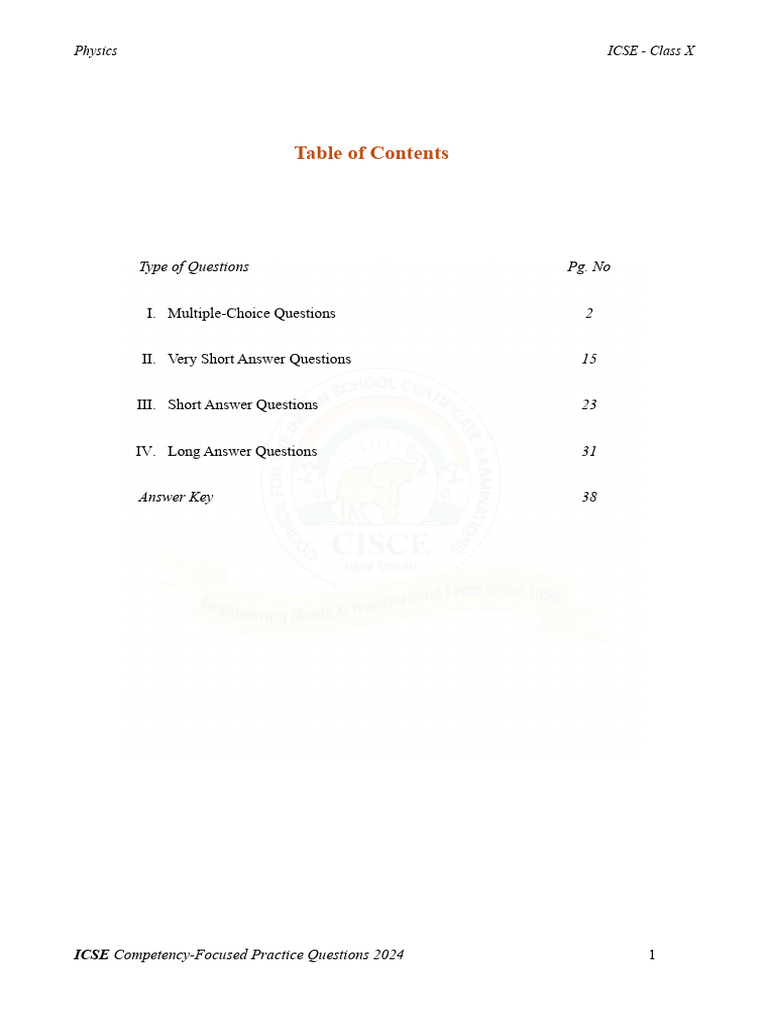 ICSE Class X Physics Practice Questions 2024 | PDF | Force | Potential ...