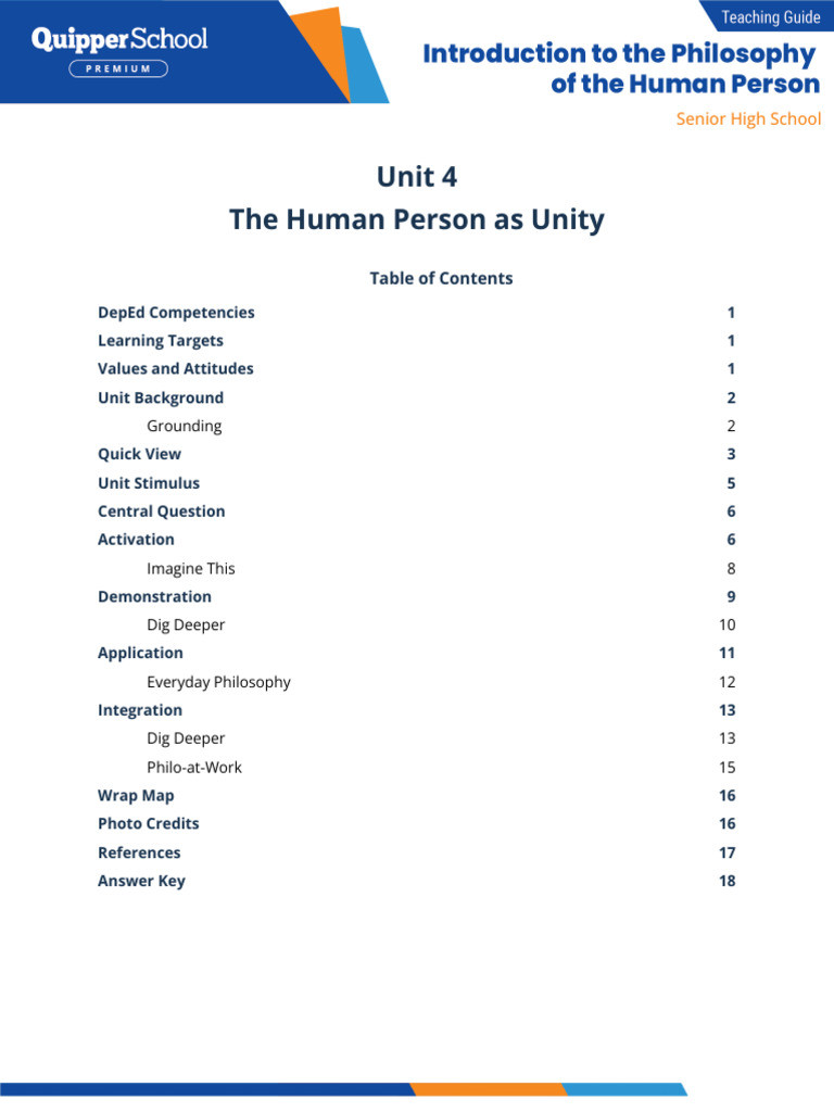 Unit 4: Human Person as Unity Answer Key | PDF | Learning | Existence