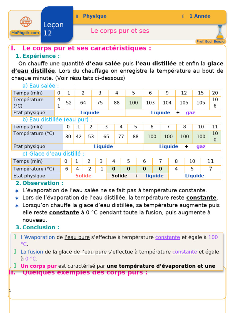 Caractéristiques des corps purs en physique | PDF | Eau | Température