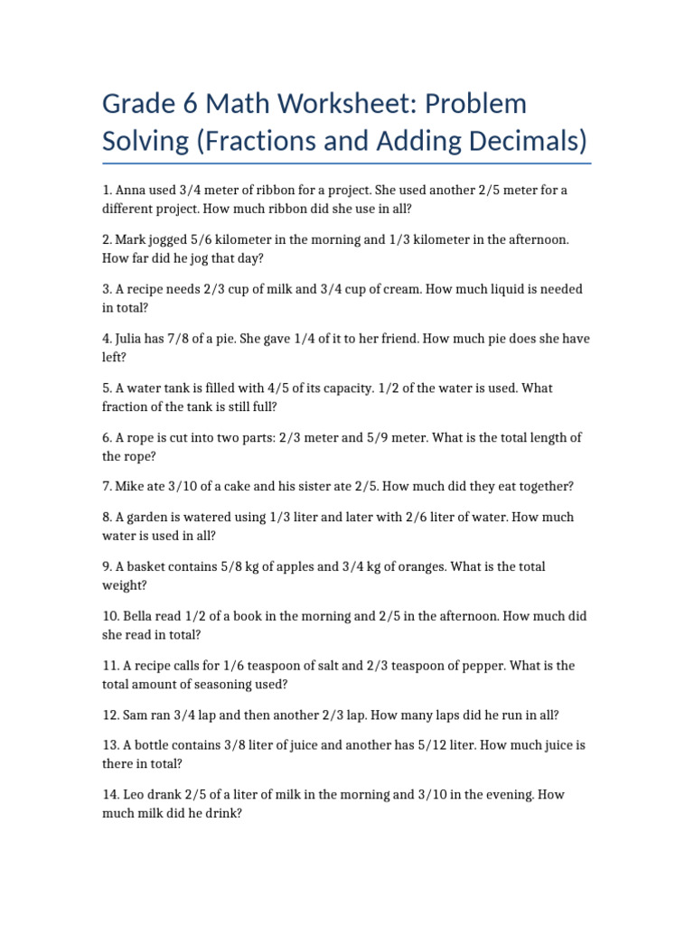 Grade6 Fractions AddingDecimals Worksheet | PDF