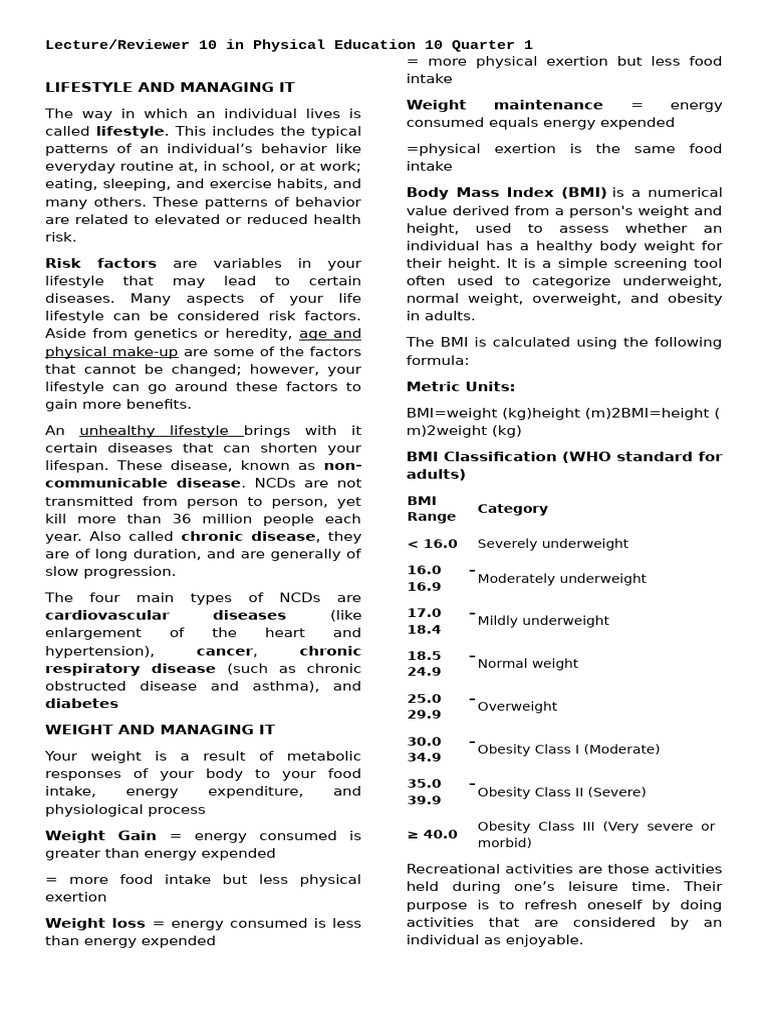 Managing Lifestyle and Weight in PE 10 | PDF | Body Mass Index | Obesity