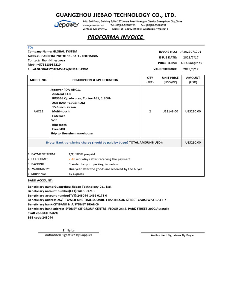 Jepower Proforma Invoice of POS machine-AHC11 2025071701 (2025-07-16 19 ...
