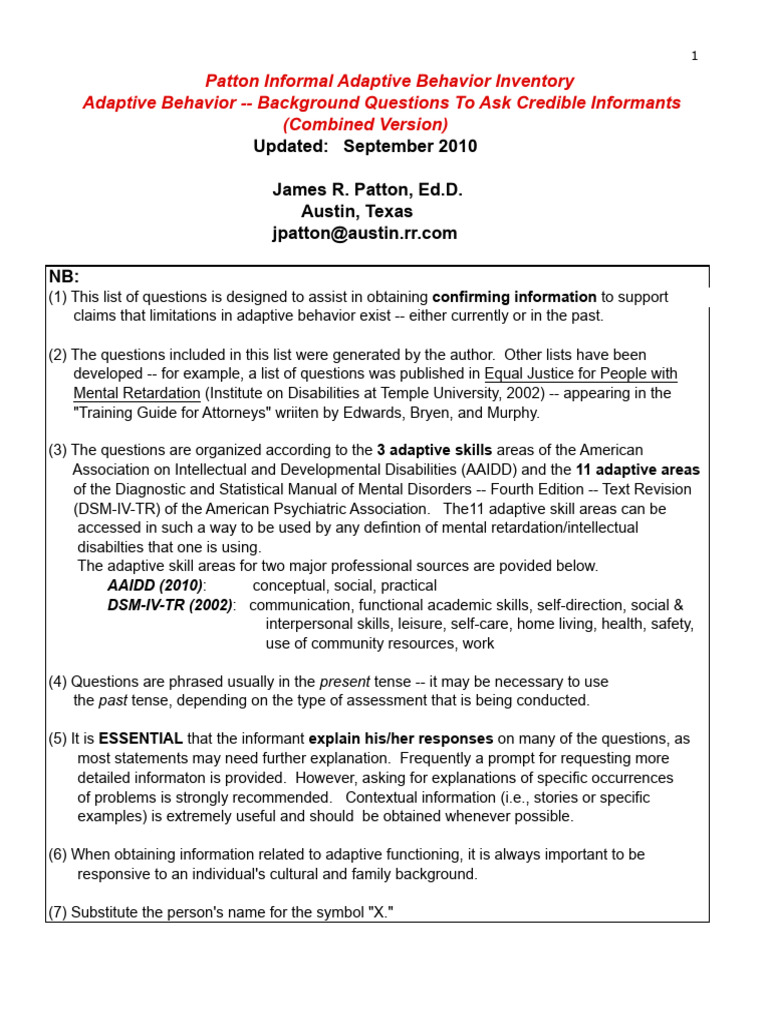 Adaptive Behavior Inventory Questions | PDF | Intellectual Disability ...