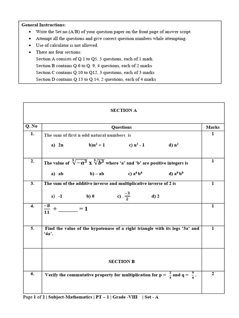 Grade 8 Mathematics PT-1 Set A Questions | PDF | Multiplication | Numbers