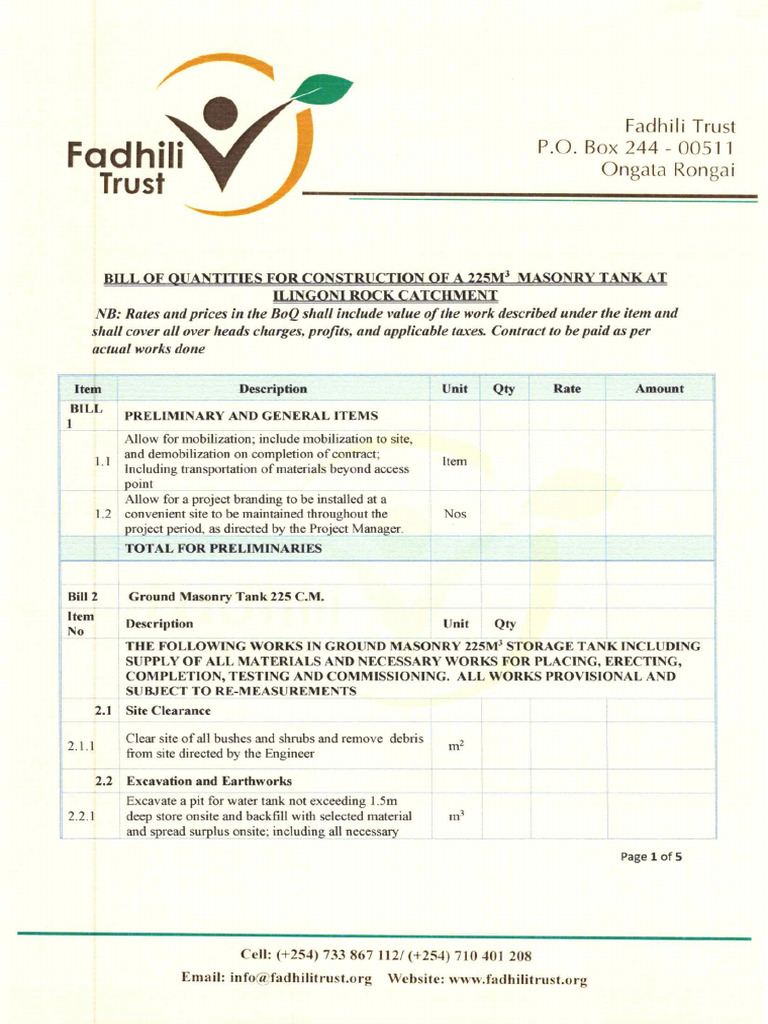 Bill of Quantities For Construction of Masonry Tank | PDF