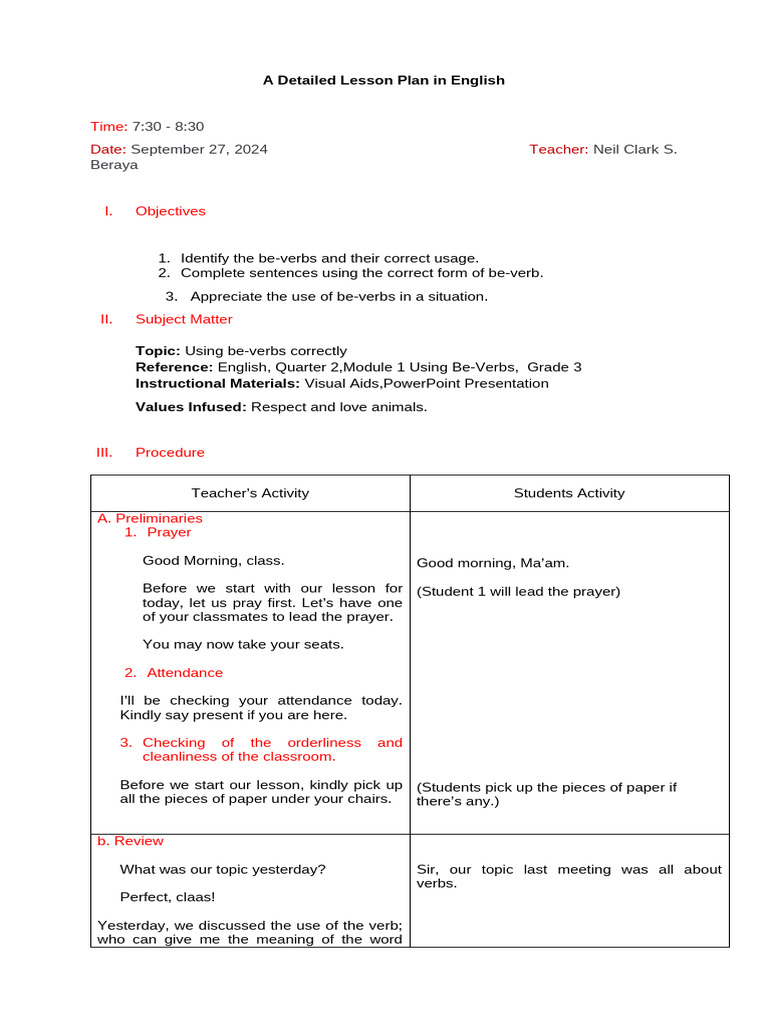 Lesson Plan: Mastering Be-Verbs in English | PDF | Verb