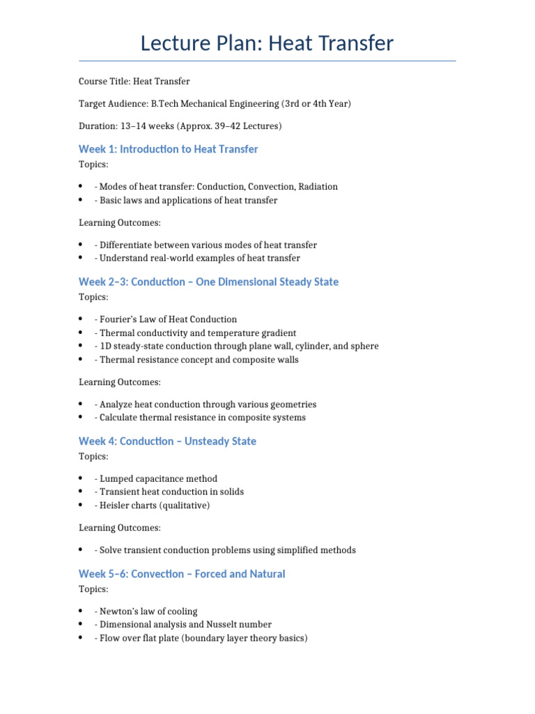 Lecture Plan Heat Transfer | PDF | Thermal Conduction | Heat Transfer