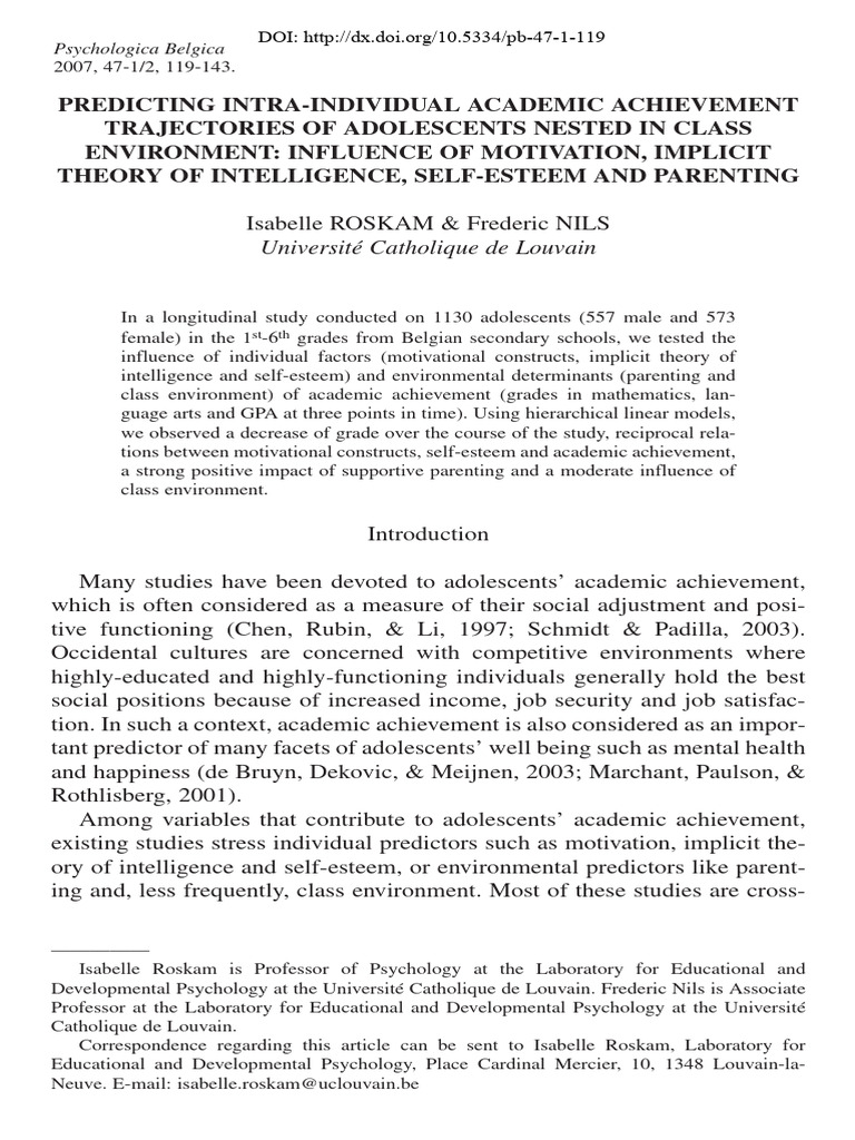 Adolescent Academic Achievement Study | PDF | Self Efficacy | Self Esteem