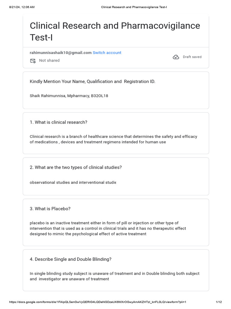 Clinical Research and Pharmacovigilance Test-I | PDF ...