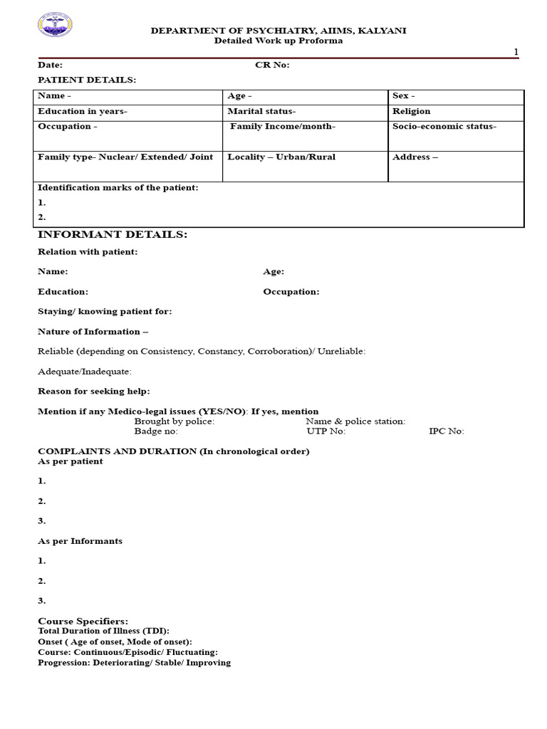 Psychiatry Patient Workup Proforma | PDF | Psychiatry | Mental Disorder