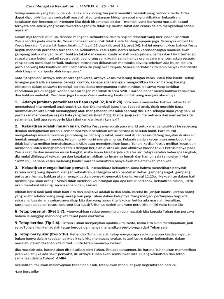 Mengatasi Kekuatiran Menurut Matius 6 | PDF