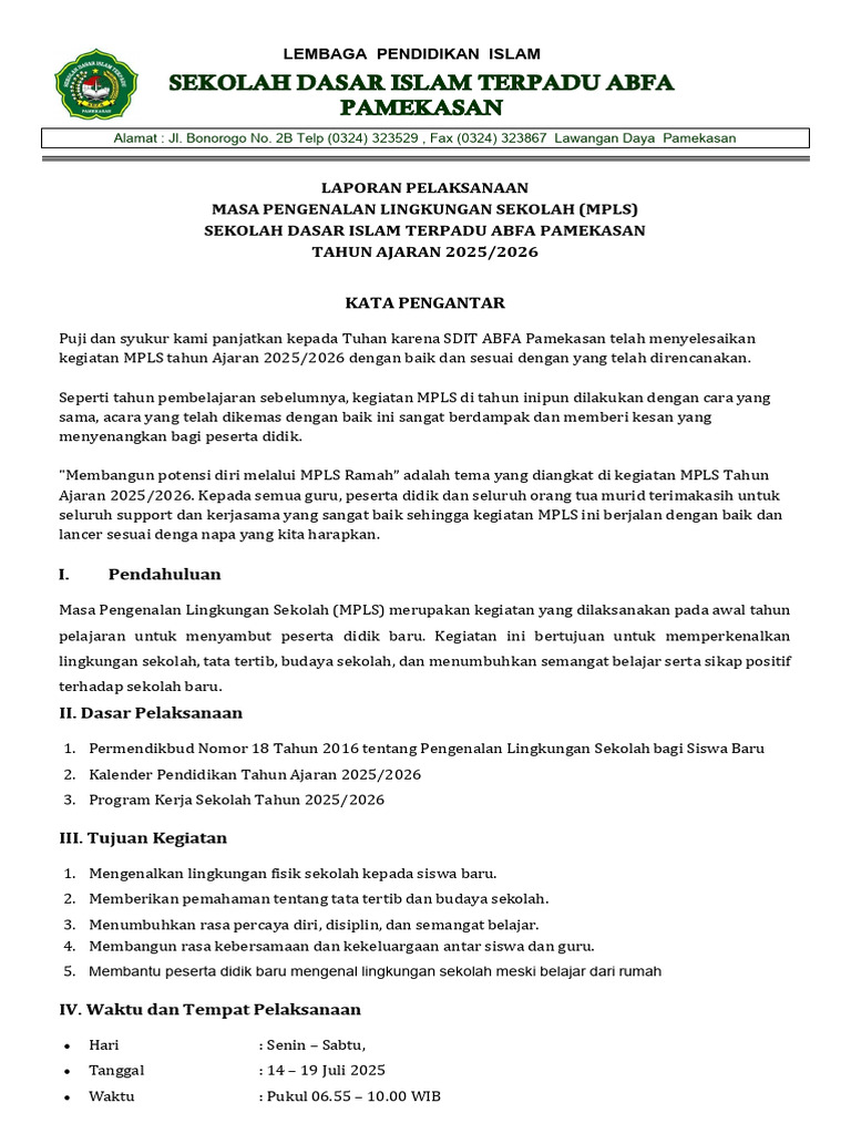 Laporan MPLS Ramah SDIT ABFA 2025/2026 | PDF